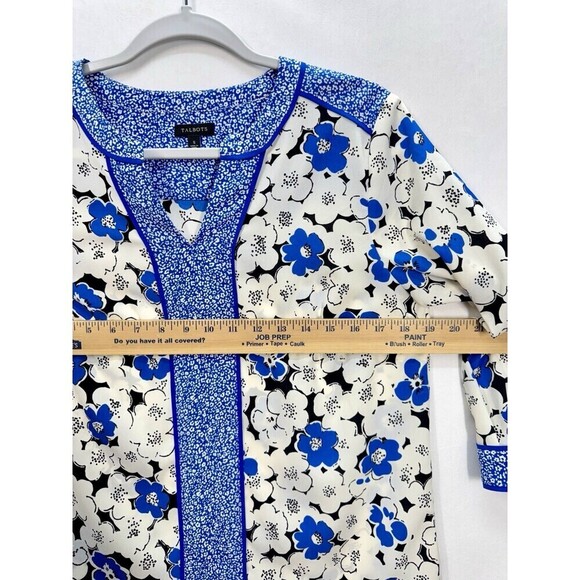 Talbots Floral 3/4 Sleeve Top Womens Small Blue White Notch Neck Popover Preppy - Picture 6 of 9